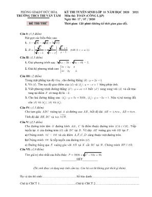 Đề thi thử tuyển sinh Lớp 10 THPT môn Toán (Công lập) - Ngày thi 17072020 - Trường TH và THCS Thi Văn Tám (Có đáp án)